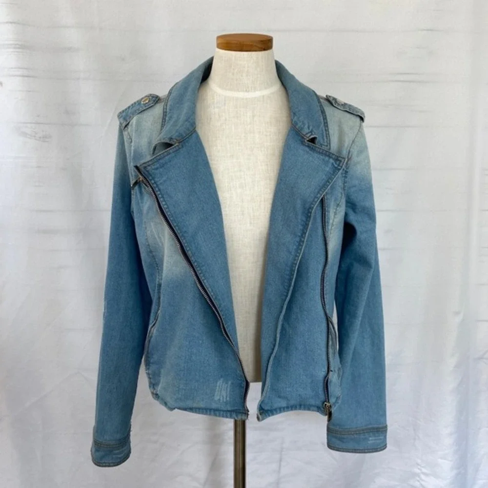 Ashley Vintage Charm Y2K Bikercore Moto Denim Jacket Women L‎ Blue Grunge